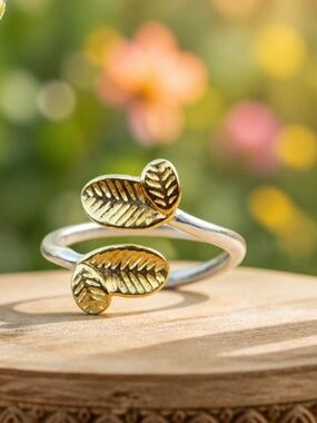 New Handmade Eucalyptus Leaf Ring Two Tone Silver and Gold